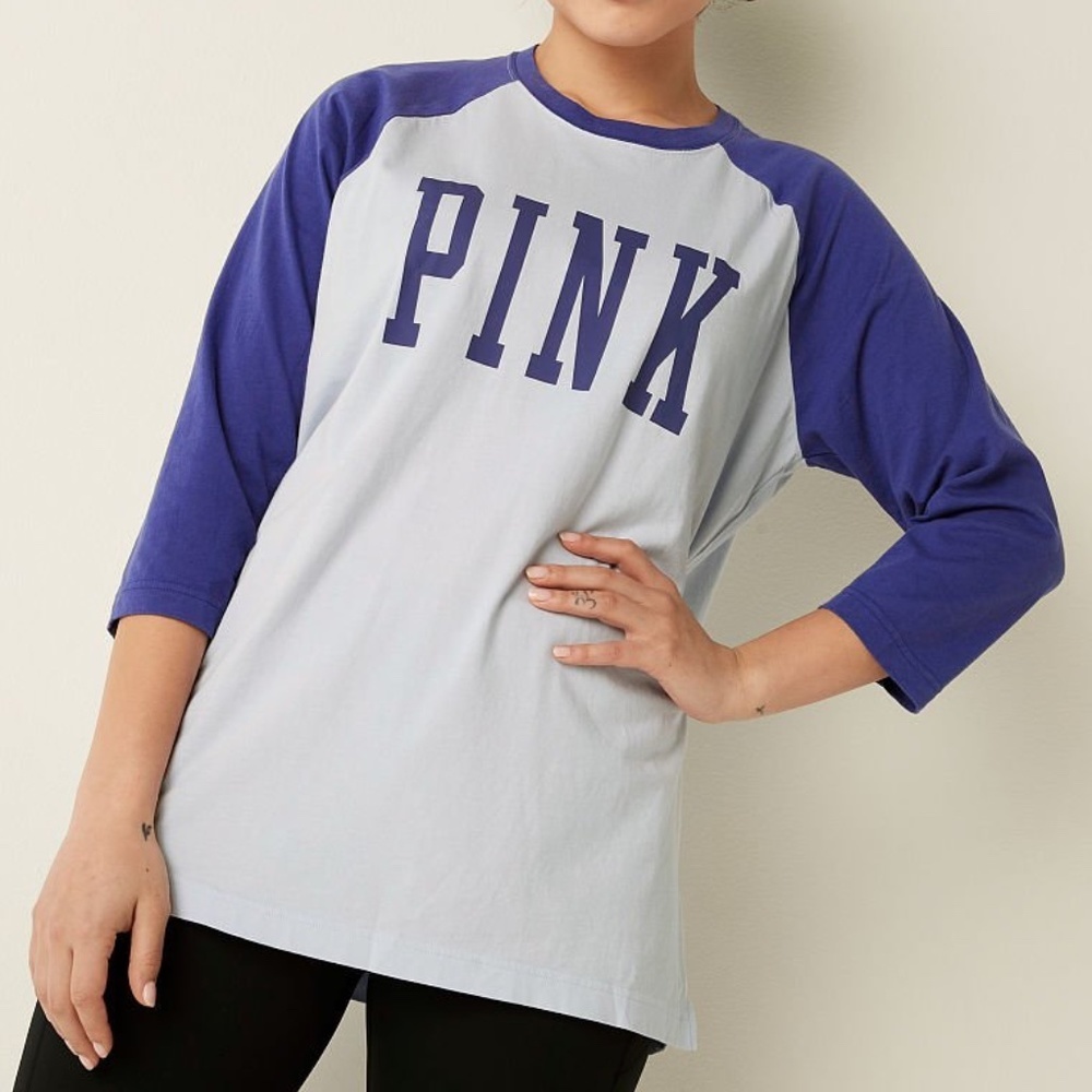 Victoria's Secret PINK Campus Baseball Tee Blue Large NEW